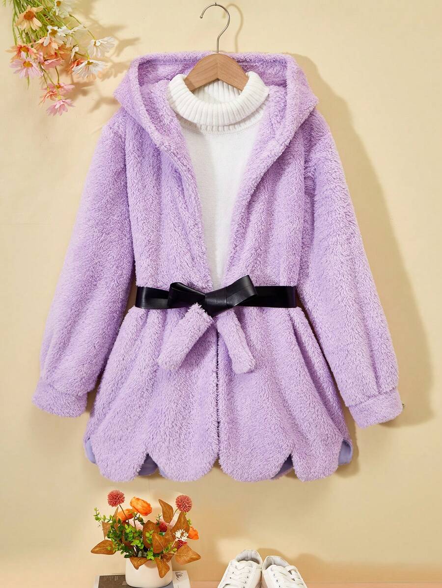 SHEIN Cô gái Tween 1 Miếng Chất rắn Thắt lưng áo có mũ Lông cừu áo - Màu tím - Xem 1