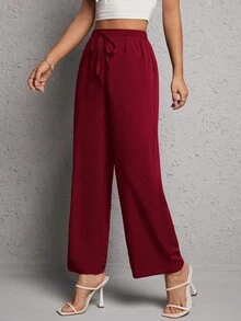 SHEIN PETITE Solid Knot Waist Wide Leg Pants - Burgundy - View 4