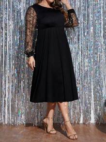 SHEIN LUNE Plus Contrast Mesh Lantern Sleeve A-line Dress - Black - View 1