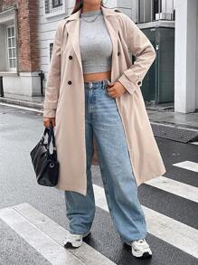 Flirla Plus Lapel Neck Double Breasted Belted Trench Coat - Apricot - View 7