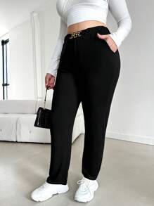 SHEIN Cottnline Kích thước lớn Thon gọn Quần skinny Quần Với Đường chéo Túi Và Chi tiết chuỗi - màu đen - Xem 5