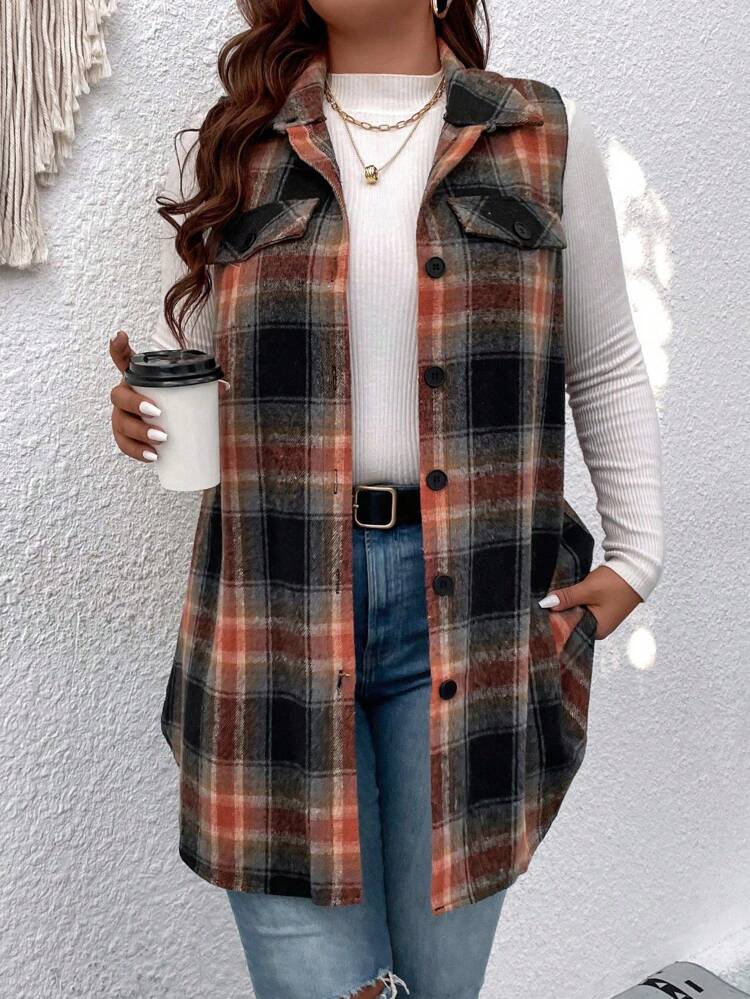 Plus Plaid Print Flap Detail Sleeveless Coat, For Winter