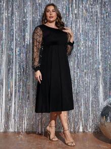 SHEIN LUNE Plus Contrast Mesh Lantern Sleeve A-line Dress - Black - View 3