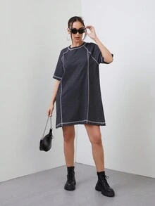 Shein女裝寬鬆短袍配對縫線休閒長裙 - 藍色 - 查看 4