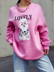 SHEIN Cottnline Dog & Letter Graphic Drop Shoulder Sweatshirt - Pink - View 4
