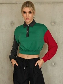 SHEIN Essnce 撞色落肩袖短款運動衫 - 彩色 - 查看 1