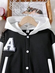 SHEIN 女大童字母貼布條紋飾邊連帽夾克&百褶半身裙 - 黑與白 - 查看 3