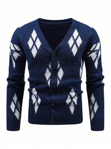 Manfinity Homme Men Argyle Pattern Button Front Cardigan - Blue and White - View 1