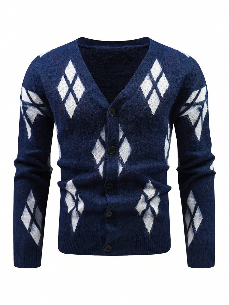 Manfinity Homme Men Argyle Pattern Button Front Cardigan - Blue and White - View 1