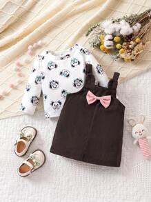 女嬰卡通熊圖案T恤&前蝴蝶結背帶洋裝 - 彩色 - 查看 1