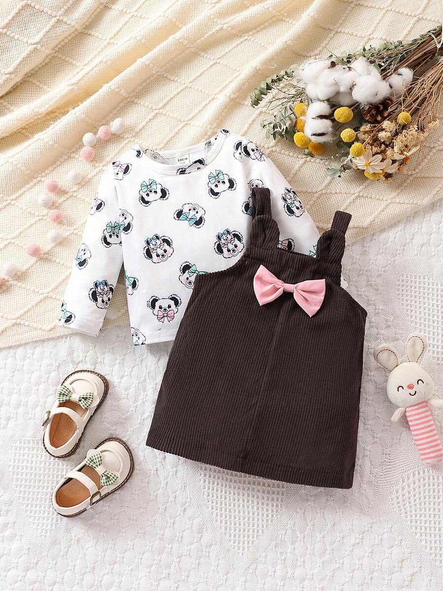女嬰卡通熊圖案T恤&前蝴蝶結背帶洋裝 - 彩色 - 查看 1
