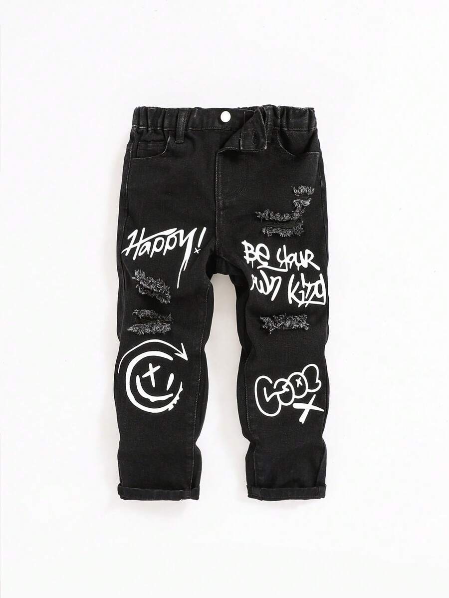 SHEIN Young Boy Slogan Graphic Ripped Jeans - Black - View 1