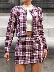 EURMUSE Plaid Print Crop Jacket & Skirt - Multicolor - View 6
