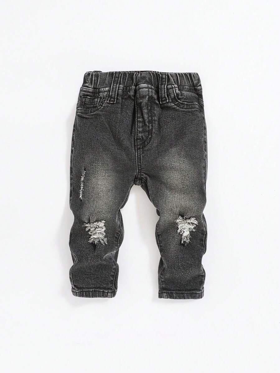 Veste Jean Garçon Noir Déchirée - Style Délavé, 100% Polyester, Taille 3-13 Ans