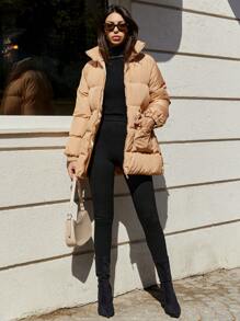 SHEIN Cottnline Flap Pocket Drawstring Waist Puffer Coat - Camel - View 4
