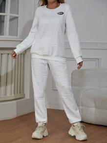 SHEIN Unity 休閒女士白色字母提花圓領長袖衛衣和寬鬆長褲2件套裝，適合春、秋、冬日常穿著。（另有親子裝，2件式分開售） - 白色 - 查看 4