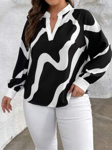 SHEIN Privé Plus Wave Striped Notched Neckline Lantern Sleeve Blouse