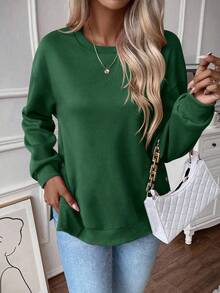 EMERY ROSE Sudadera de hombros caídos bajo con abertura - Verde Oscuro - Ver 4