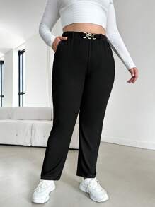 SHEIN Cottnline Kích thước lớn Thon gọn Quần skinny Quần Với Đường chéo Túi Và Chi tiết chuỗi - màu đen - Xem 3