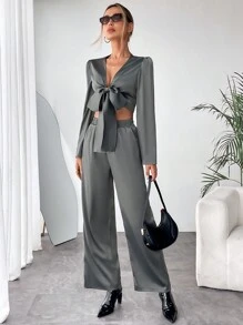 SHEIN Privé Solid Tie Front Crop Top & Wide Leg Pants - Dark Grey - View 4