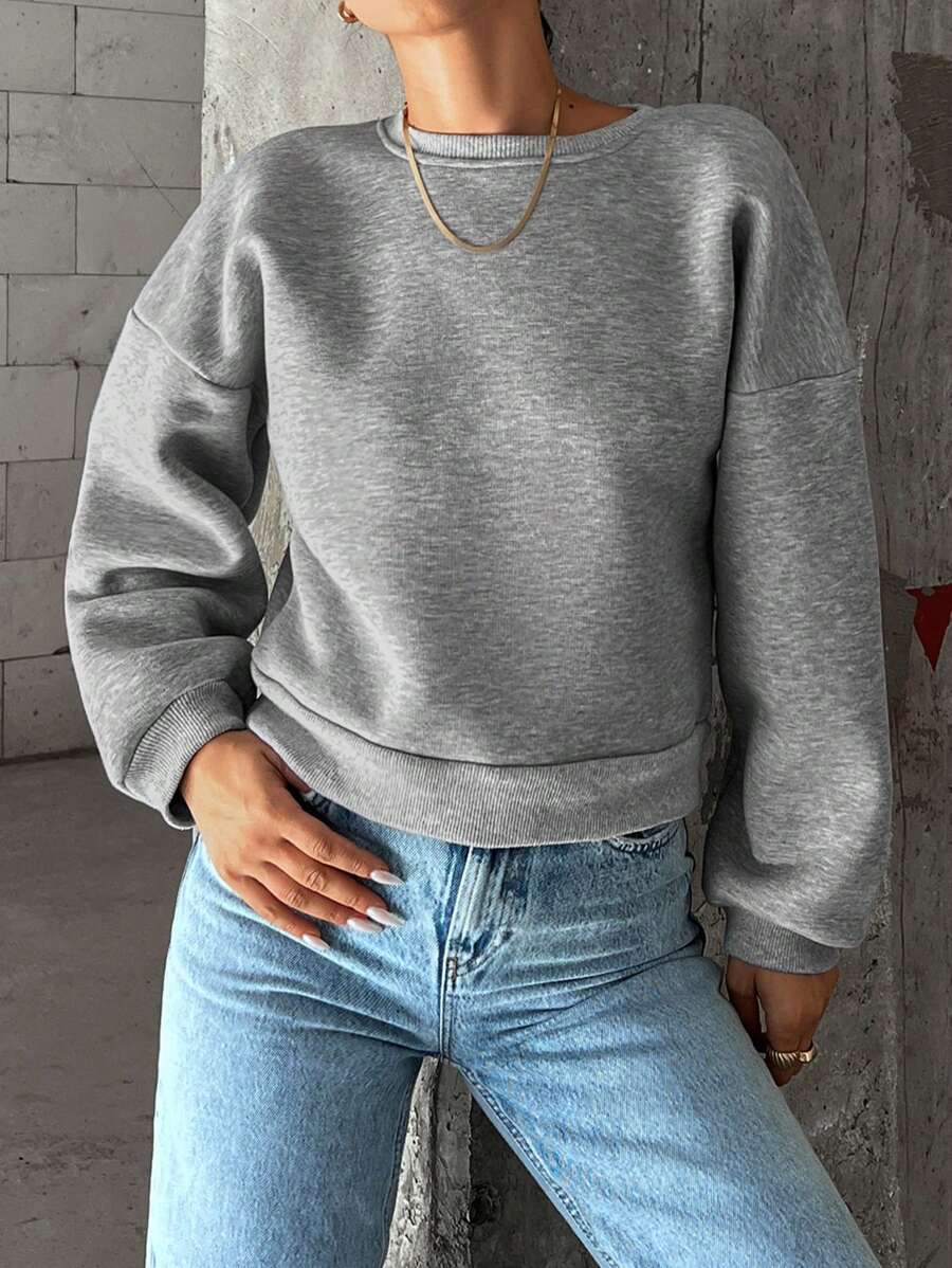 SHEIN Cottnline Solid Drop Shoulder Thermal Lined Sweatshirt - Grey - View 1
