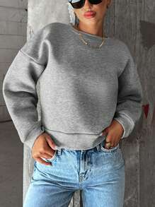 SHEIN Cottnline Solid Drop Shoulder Thermal Lined Sweatshirt - Grey - View 4