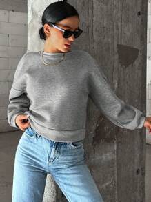 SHEIN Cottnline Solid Drop Shoulder Thermal Lined Sweatshirt - Grey - View 5