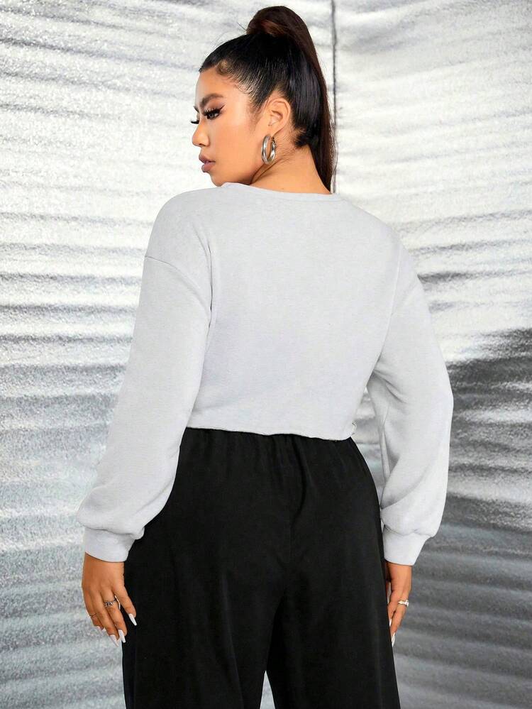 Plus Letter Graphic Lace Up Front Drop Shoulder Crop Sweatshirt Pullover Fall Sweatshirt