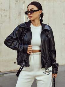 RueChic Zip Up Belted PU Leather Jacket - Black - View 1