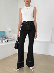 DAZY Top-stitching Flare Leg Jeans - Black - View 3