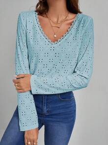 SHEIN Frenchy Guipure Lace Insert Button Back Tee - Baby Blue - View 6