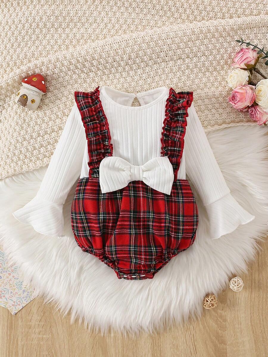Baby Girl Tartan Print Ruffle Trim Flounce Sleeve Bow Front 2 In 1 Bodysuit - Red - View 1