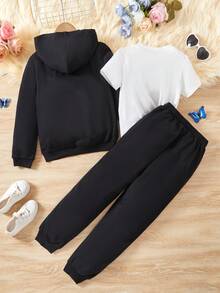 SHEIN Tween Girl Reflective Butterfly Print Hooded Jacket & Sweatpants & Tee - Black - View 2