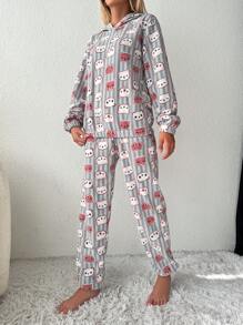 RueChic Cartoon Graphic Hoodie & Pants PJ Set - Grey - View 5