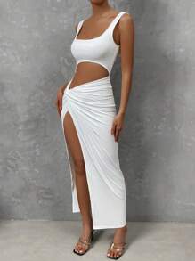Chiquease Cut Out Twist Front Split Thigh Dress Maxi Women Outfit - White - View 4