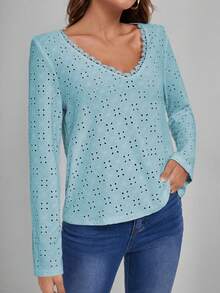 SHEIN Frenchy Guipure Lace Insert Button Back Tee - Baby Blue - View 5