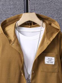 SHEIN Tween Boy Letter Patched Detail Hooded Jacket & Drawstring Waist Sweatpants Without Tee - Brown - View 3