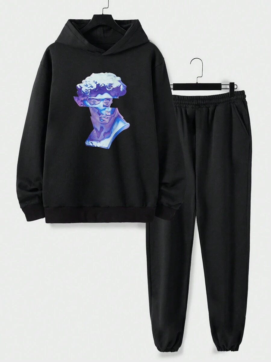 RueChic Men Sculpture Print Hoodie & Sweatpants - Black - View 1