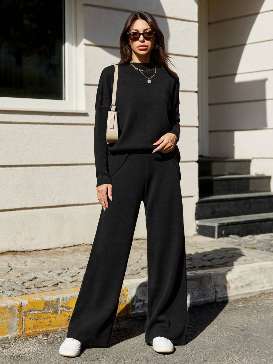 EURMUSE Drop Shoulder Sweater & Knit Pants - Black - View 1