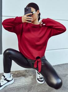 SHEIN Cottnline Solid Knot Hem Drop Shoulder Sweatshirt - Red - View 3