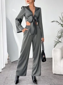 SHEIN Privé Solid Tie Front Crop Top & Wide Leg Pants - Dark Grey - View 6
