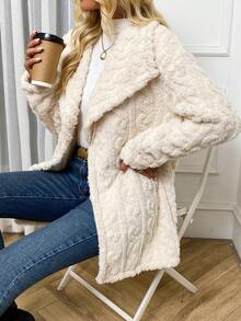 SHEIN Unity Waterfall Collar Open Front Teddy Coat - Khaki - View 6