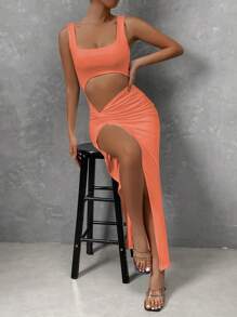 Femesol Cắt ra Mặt trước xoắn Tách đùi Đầm - Màu Hồng  San hô - Xem 7