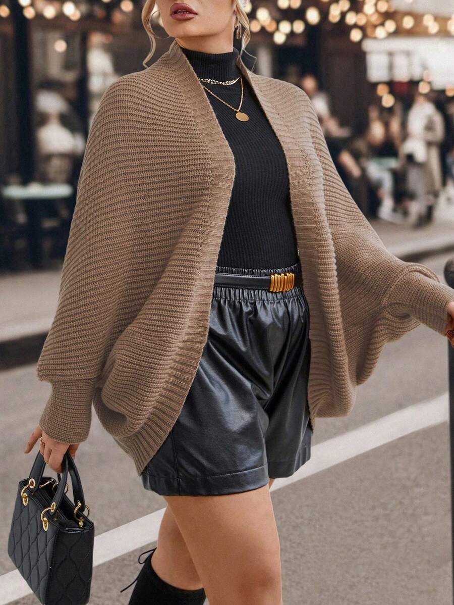 SHEIN CURVE+ Hơn tay cánh Áo len Duster - màu nâu - Xem 1