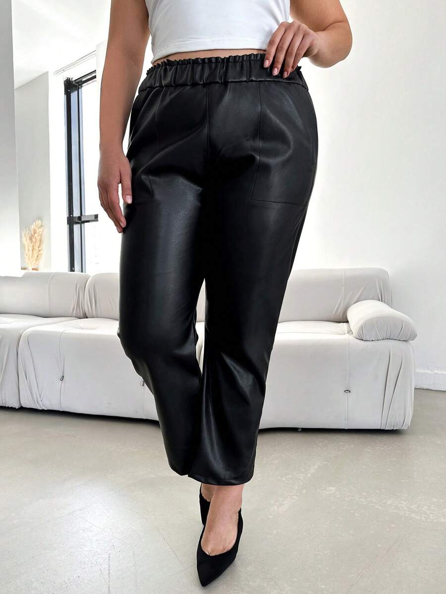 SHEIN Cottnline Plus Elastic Waist PU Leather Pants - Black - View 1