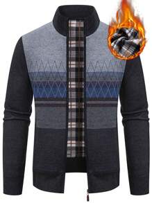 Manfinity Homme 男士幾何圖案撞色拉鏈開襟加絨內裏開襟衫 - 灰色 - 查看 1