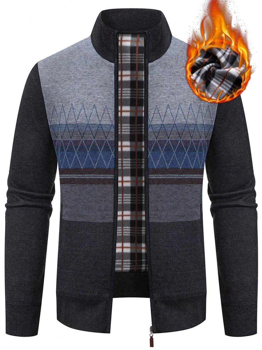 Manfinity Homme 男士幾何圖案撞色拉鏈開襟加絨內裏開襟衫 - 灰色 - 查看 1