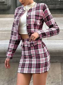 EURMUSE Plaid Print Crop Jacket & Skirt - Multicolor - View 5