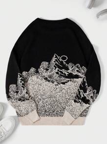 RueChic Men's Round Neck Sweater With Mountain Pattern - Apricot - View 2