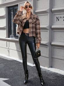 GENKIRA Plaid Print Drop Shoulder Flap Detail Crop Overcoat Fall Cloth For Women - Multicolor - View 3